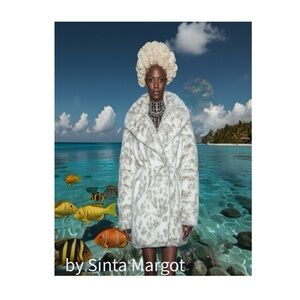 HANDCRAFTED digital art print Chic Cream Teddy Jacket on model in ocean wall art